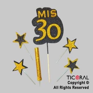 ADORNO DE TORTA SET MIS 30 CON 4 ESTRELLAS Y BENGALA GIBRE x 1
